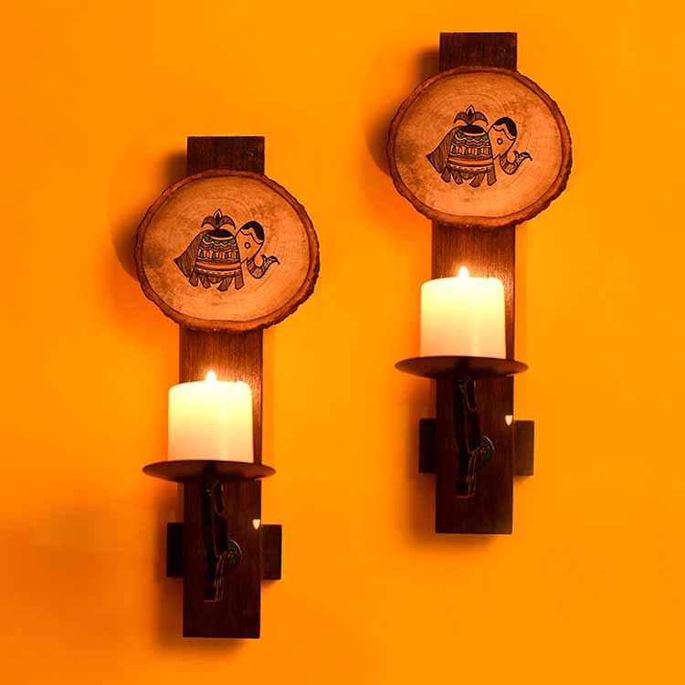 Wall Mounted Wooden Candle Stand with Tribal Art - Decor & Living - 2
