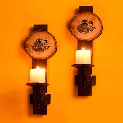 Wall Mounted Wooden Candle Stand with Tribal Art - Decor & Living - 2