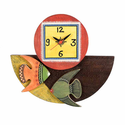 Wall Clock Handcrafted Wooden Tribal Art with Fish Motif (9.4x1.7x8.4") - Wall Decor - 2