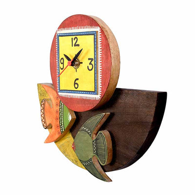 Wall Clock Handcrafted Wooden Tribal Art with Fish Motif (9.4x1.7x8.4") - Wall Decor - 3