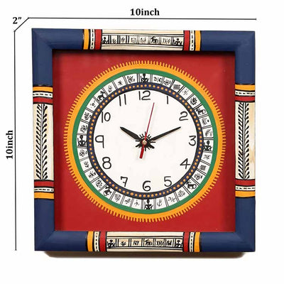 Wall Clock Handcrafted Warli Art Red Dial with Glass Frame (10x10") - Wall Decor - 2