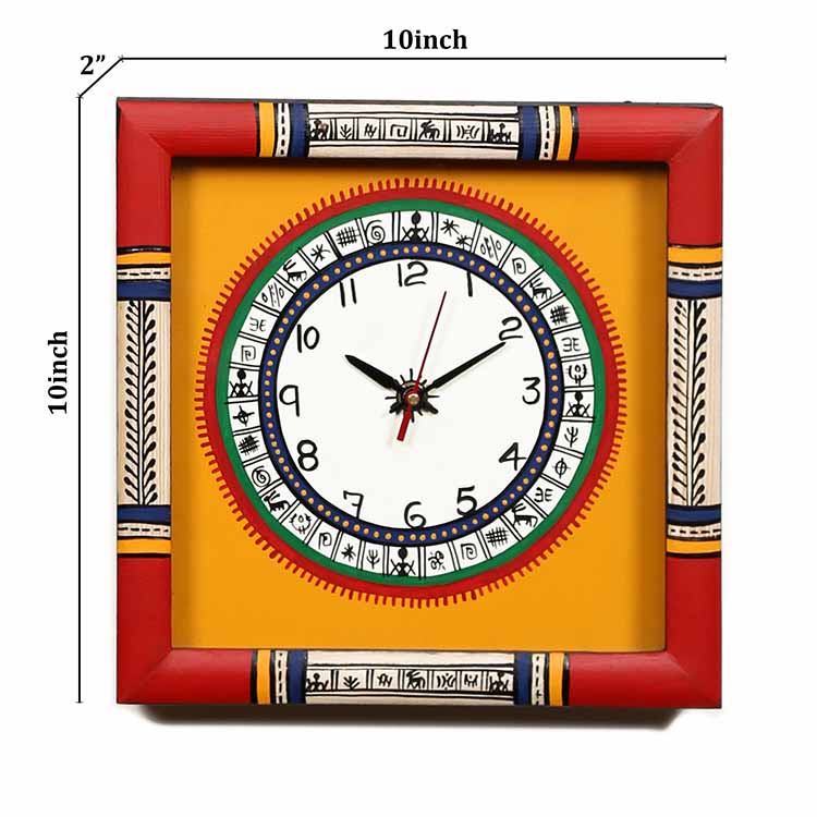 Wall Clock Handcrafted Warli Art Yellow Dial with Glass Frame (10x10") - Wall Decor - 4