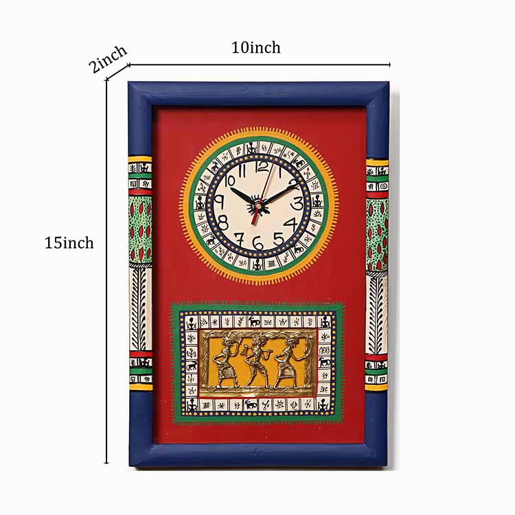Wall Clock Handcrafted Warli/Dhokra Art Red Dial with Glass Frame (10x15") - Wall Decor - 4