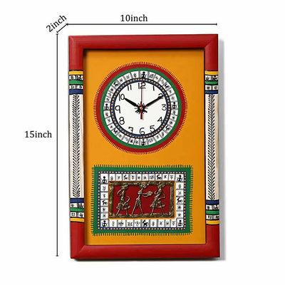 Wall Clock Handcrafted Warli/Dhokra Art Yellow Dial with Glass Frame (10x15") - Wall Decor - 4