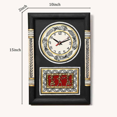 Wall Clock Handcrafted Warli/Dhokra Art Black Dial with Glass Frame (10x15") - Wall Decor - 4