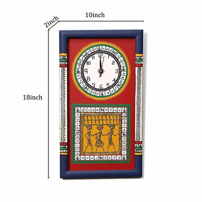 Wall Clock Handcrafted Warli/Dhokra Art Red Dial with Glass Frame (10x18") - Wall Decor - 3