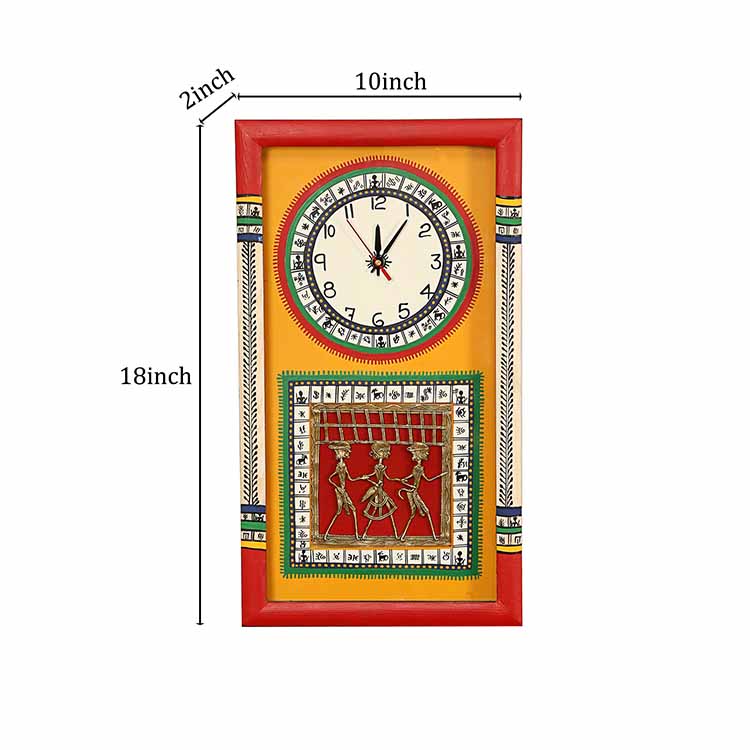 Wall Clock Handcrafted Warli/Dhokra Art Yellow Dial with Glass Frame (10x18") - Wall Decor - 3