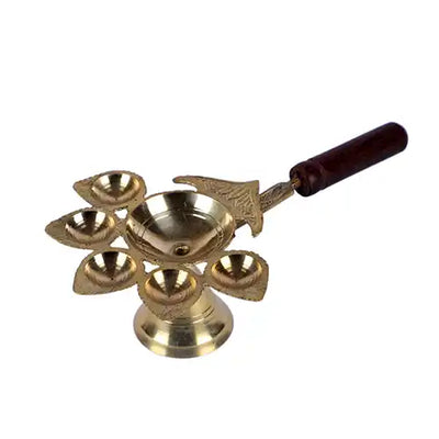 Brass Panch Aarti with Wooden Handle