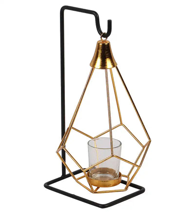 Gold & Black Diamond Pendulum Tealight Holder with Glass