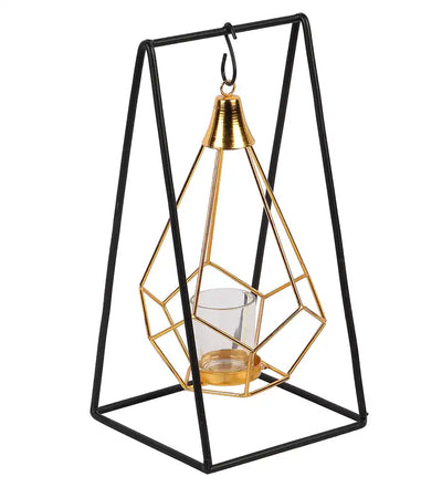 Gold & Black Triangle Diamond Pendulum Tealight Holder with Glass