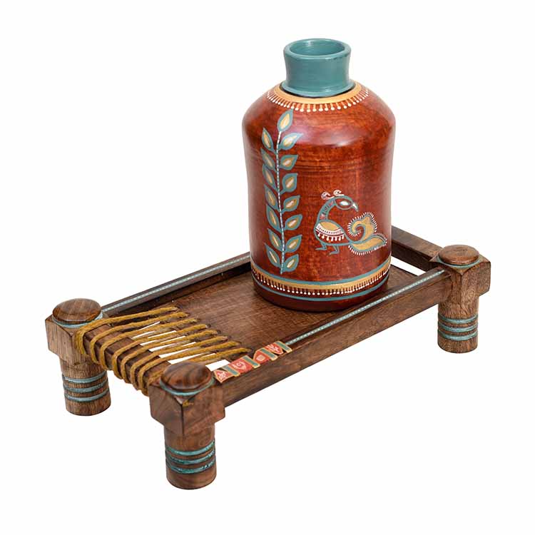 Rustic Red Madhubani Vase Placed on Ethnic Charpai Stand (12.5x7x12.5") - Decor & Living - 2