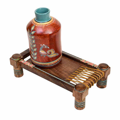 Rustic Red Madhubani Vase Placed on Ethnic Charpai Stand (12.5x7x12.5") - Decor & Living - 3