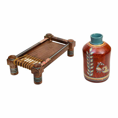 Rustic Red Madhubani Vase Placed on Ethnic Charpai Stand (12.5x7x12.5") - Decor & Living - 4