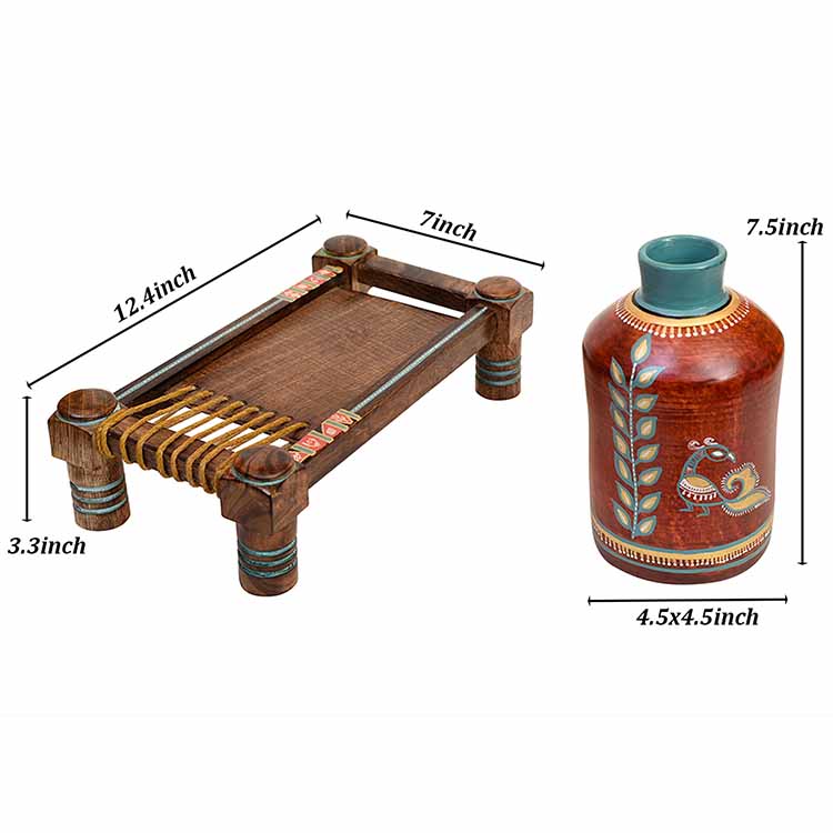 Rustic Red Madhubani Vase Placed on Ethnic Charpai Stand (12.5x7x12.5") - Decor & Living - 5