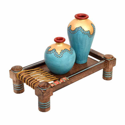 Turquoise Blue Vases (Set of 2) Decorated with Golden Glaze Placed on Ethnic Charpai Stand (12.5x7x10") - Decor & Living - 2