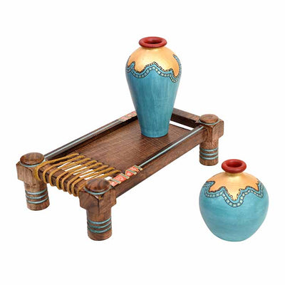 Turquoise Blue Vases (Set of 2) Decorated with Golden Glaze Placed on Ethnic Charpai Stand (12.5x7x10") - Decor & Living - 3