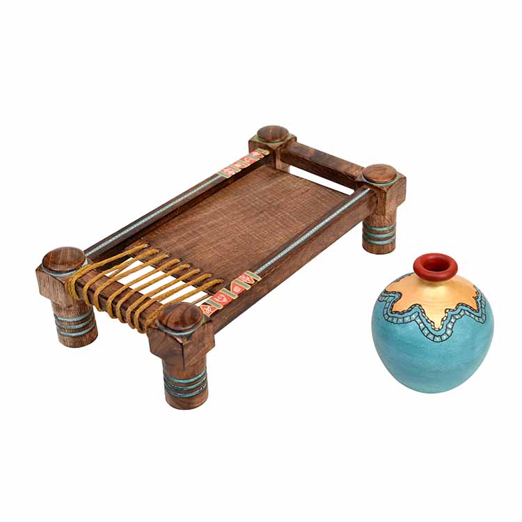 Turquoise Blue Vases (Set of 2) Decorated with Golden Glaze Placed on Ethnic Charpai Stand (12.5x7x10") - Decor & Living - 4