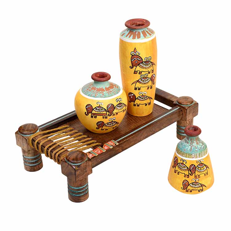 Happy Elephant Yellow Vases (Set of 3) Placed on Ethnic Charpai Stand (12.5x7x10") - Decor & Living - 2