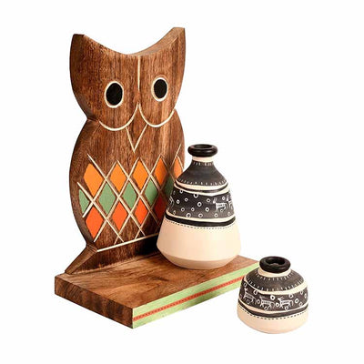 Wall Decor Owl Shelf with 2 Pots Handcrafted in Wood (6.5x4x9.2") - Wall Decor - 3