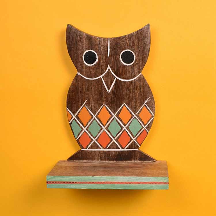 Wall Decor Owl Shelf with 2 Pots Handcrafted in Wood (6.5x4x9.2") - Wall Decor - 2