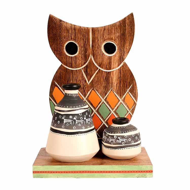 Wall Decor Owl Shelf with 2 Pots Handcrafted in Wood (6.5x4x9.2") - Wall Decor - 6