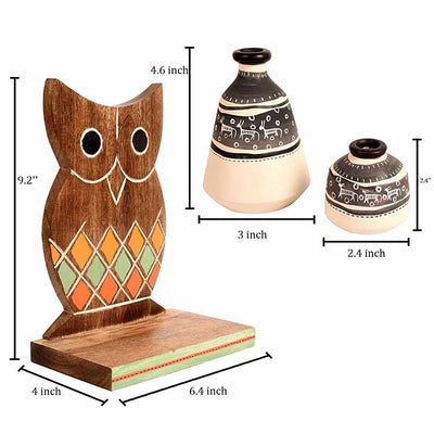 Wall Decor Owl Shelf with 2 Pots Handcrafted in Wood (6.5x4x9.2") - Wall Decor - 7