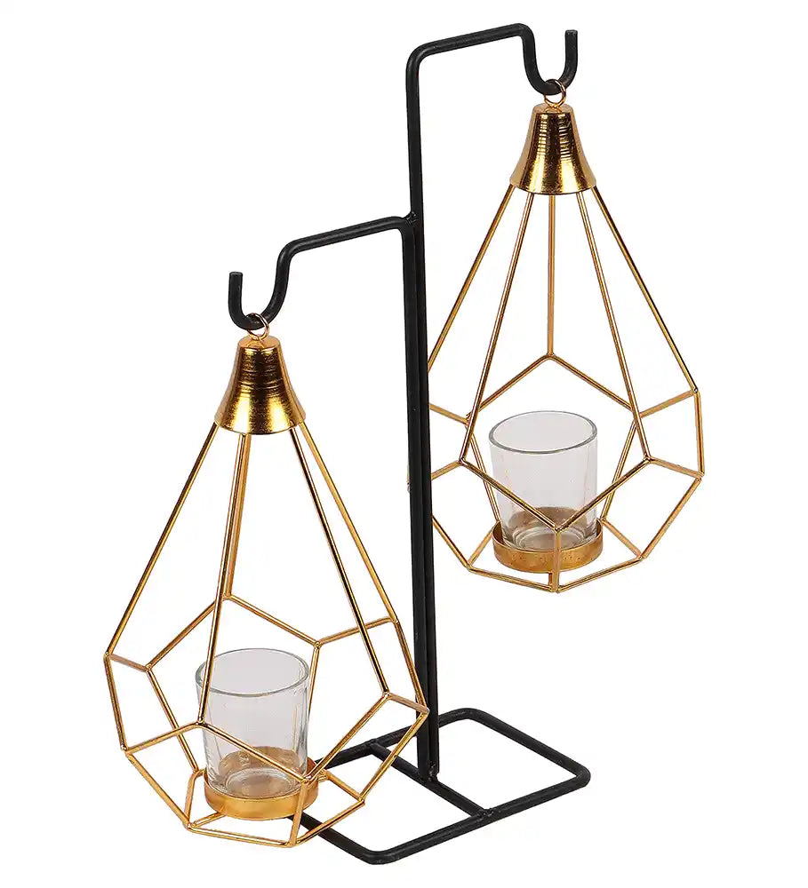 Gold Double Diamond Pendulum Tealight Holder with Glass