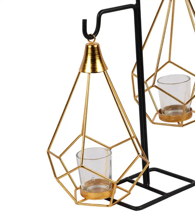 Gold Double Diamond Pendulum Tealight Holder with Glass