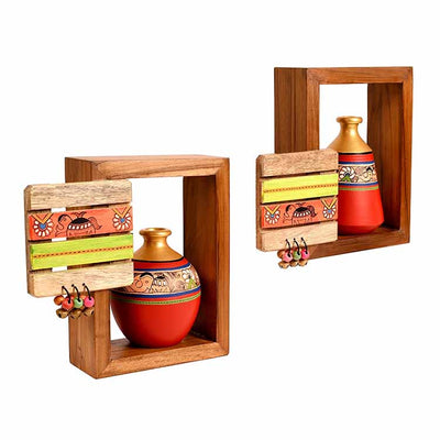 Wall Decor 2 Wooden Shelf & 2 Pots Madhubani Design Red (9x2.7x8") - Wall Decor - 3