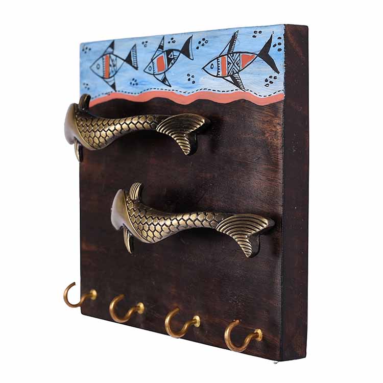 Key Holder Handcrafted Tribal Art Fish Handle 4 Keys (7x2x6.2") - Wall Decor - 3