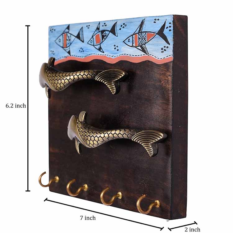 Key Holder Handcrafted Tribal Art Fish Handle 4 Keys (7x2x6.2") - Wall Decor - 4