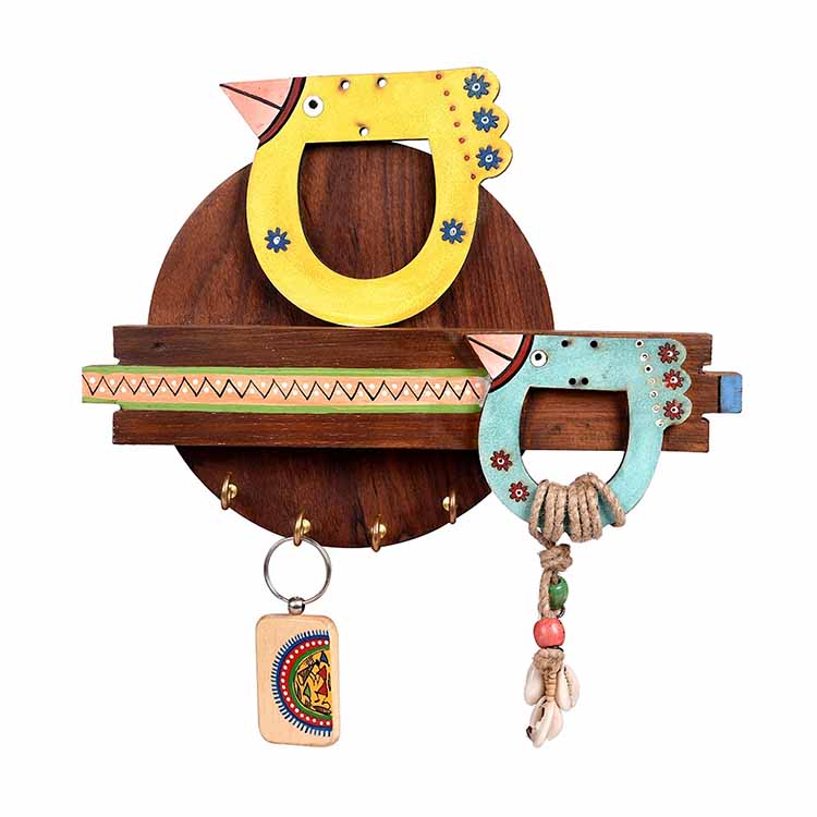 Key Holder Handcrafted Tribal Art Bird Theme 4 Keys (10x1.7x7.5") - Wall Decor - 2