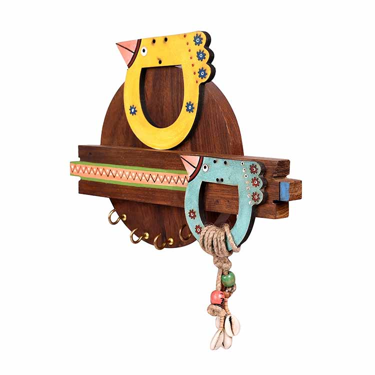 Key Holder Handcrafted Tribal Art Bird Theme 4 Keys (10x1.7x7.5") - Wall Decor - 3