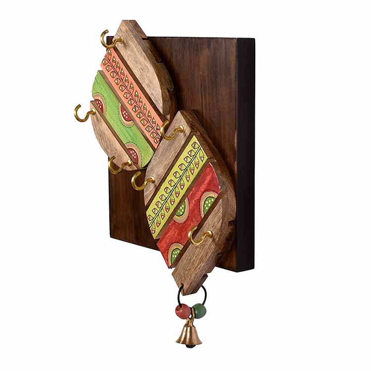 Key Holder Handcrafted Tribal Art Leaf Design 6 Keys (7x2x10") - Wall Decor - 6