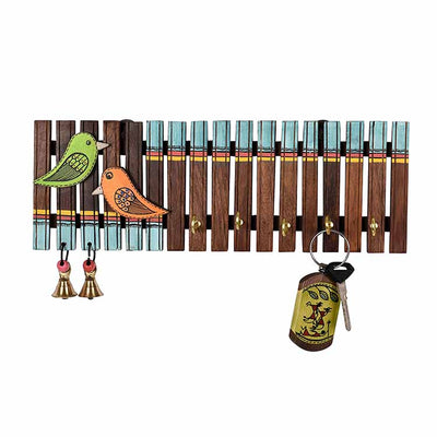 Key Holder Handcrafted Tribal Art Wooden Strips & Birds 4 Keys (12x1.4x5.4") - Wall Decor - 4