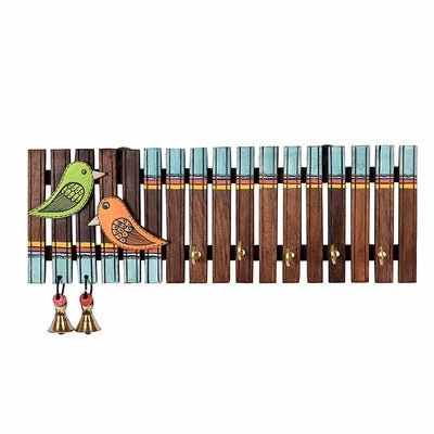 Key Holder Handcrafted Tribal Art Wooden Strips & Birds 4 Keys (12x1.4x5.4") - Wall Decor - 6