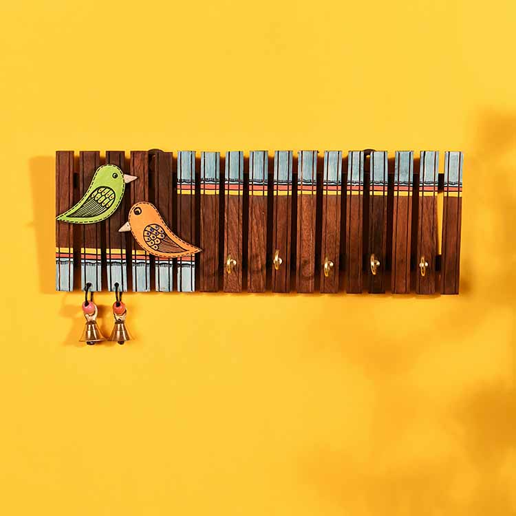 Key Holder Handcrafted Tribal Art Wooden Strips & Birds 4 Keys (12x1.4x5.4") - Wall Decor - 2