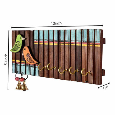 Key Holder Handcrafted Tribal Art Wooden Strips & Birds 4 Keys (12x1.4x5.4") - Wall Decor - 5