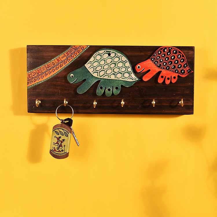 Key Holder Handcrafted Tribal Art Turtle 6 Keys (12x2x4.7") - Wall Decor - 2