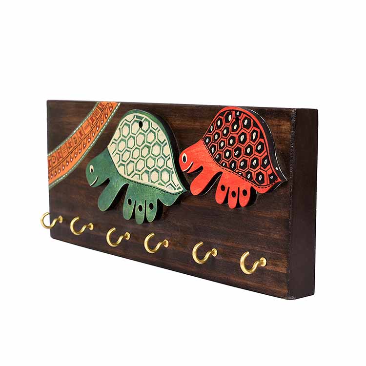 Key Holder Handcrafted Tribal Art Turtle 6 Keys (12x2x4.7") - Wall Decor - 6
