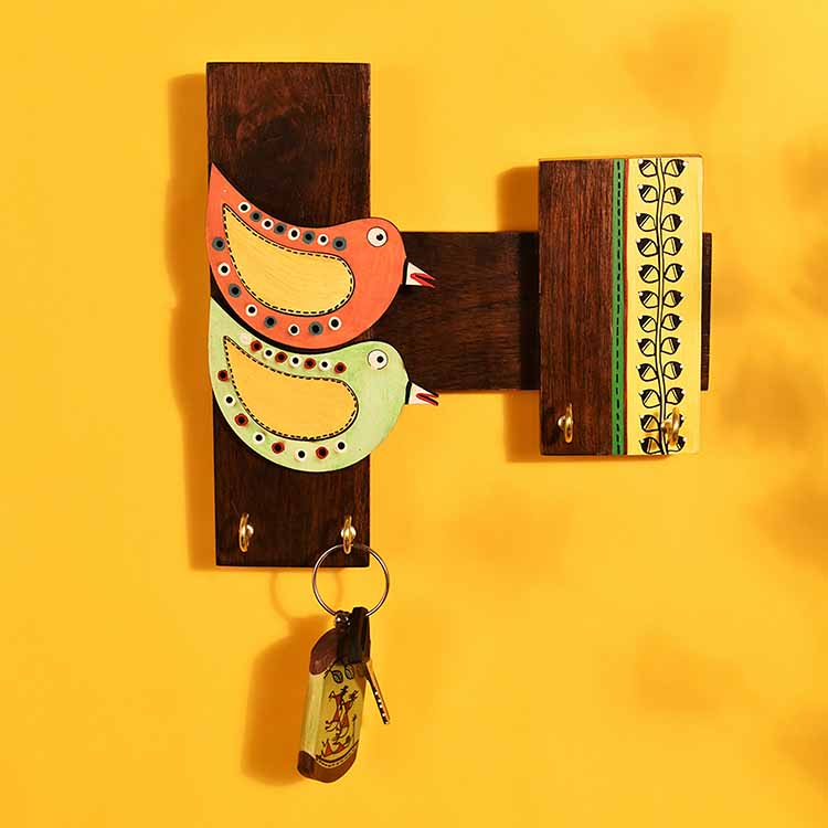 Key Holder Handcrafted Tribal Art Bird Theme 4 Keys (8x2x8") - Wall Decor - 2