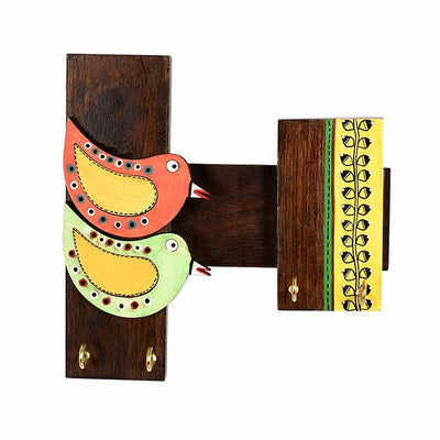 Key Holder Handcrafted Tribal Art Bird Theme 4 Keys (8x2x8") - Wall Decor - 4