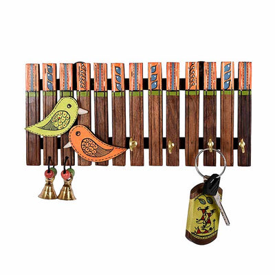 Key Holder Handcrafted Tribal Art Wooden Strips & Birds 4 Keys (9x1.4x5.4") - Wall Decor - 3