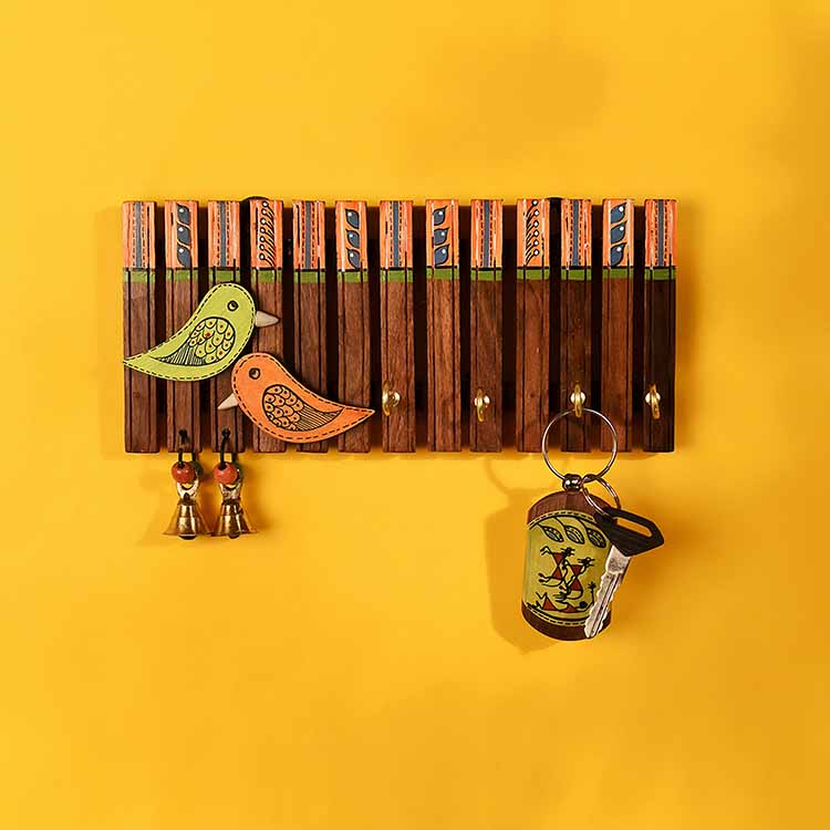 Key Holder Handcrafted Tribal Art Wooden Strips & Birds 4 Keys (9x1.4x5.4") - Wall Decor - 2