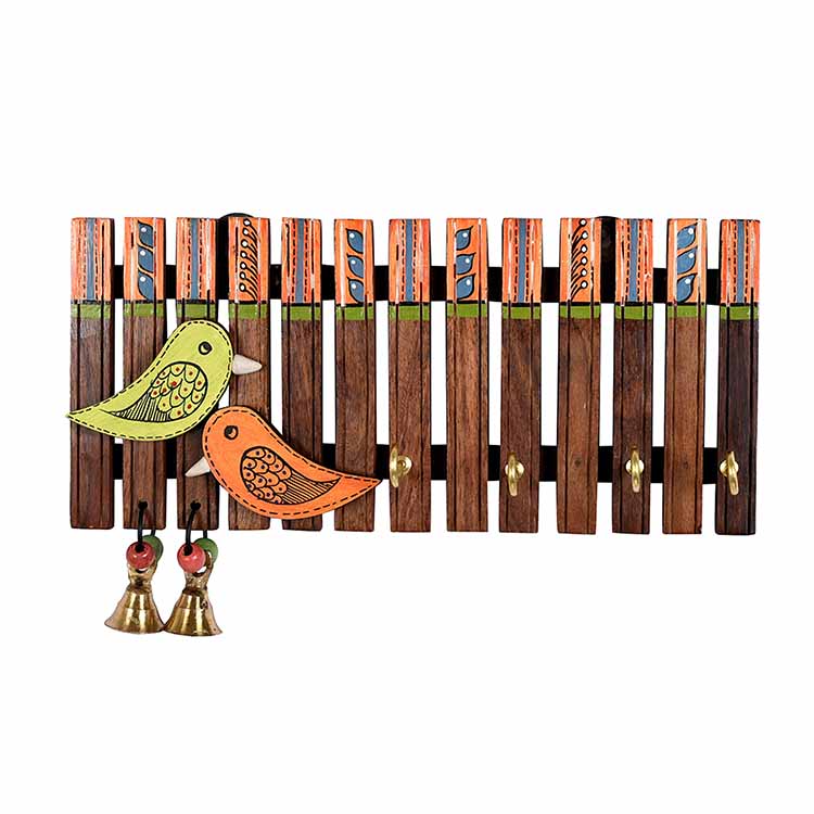 Key Holder Handcrafted Tribal Art Wooden Strips & Birds 4 Keys (9x1.4x5.4") - Wall Decor - 5