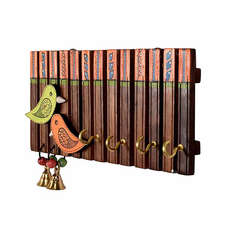 Key Holder Handcrafted Tribal Art Wooden Strips & Birds 4 Keys (9x1.4x5.4") - Wall Decor - 6