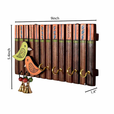 Key Holder Handcrafted Tribal Art Wooden Strips & Birds 4 Keys (9x1.4x5.4") - Wall Decor - 4