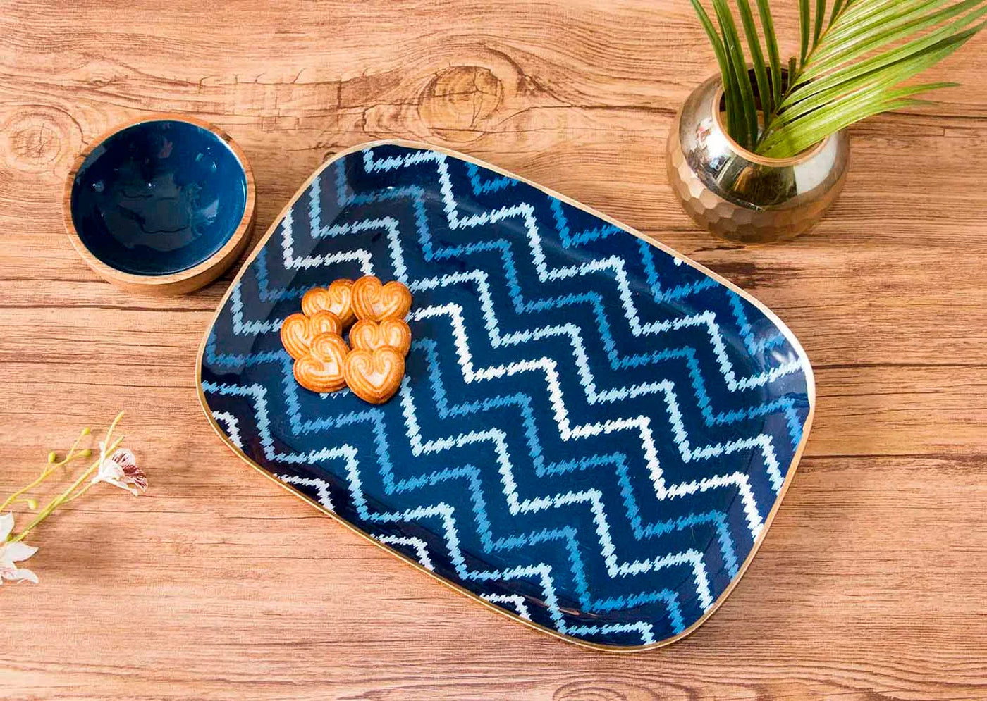 Blue Ikkat Rectangular Platter with Wooden Bowl - Dining & Kitchen - 2