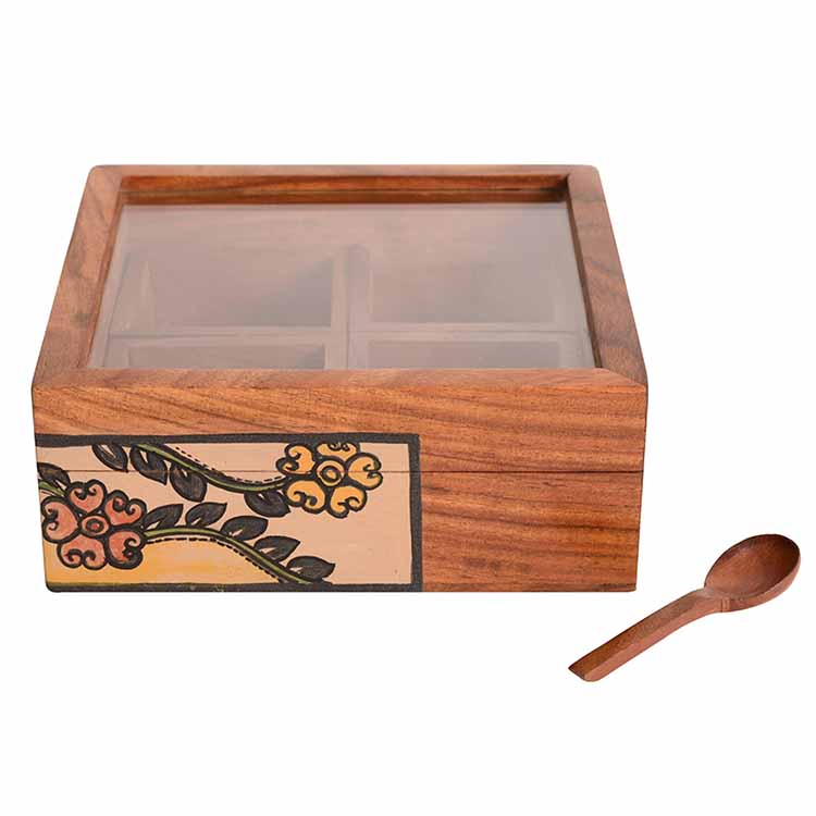 Spice Box Handcrafted Tribal Art 4 Slot Wooden with Spoon (6x6x2") - Dining & Kitchen - 3