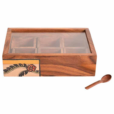 Spice Box Handcrafted Tribal Art 6 Slot Wooden with Spoon (8x6x2") - Dining & Kitchen - 3